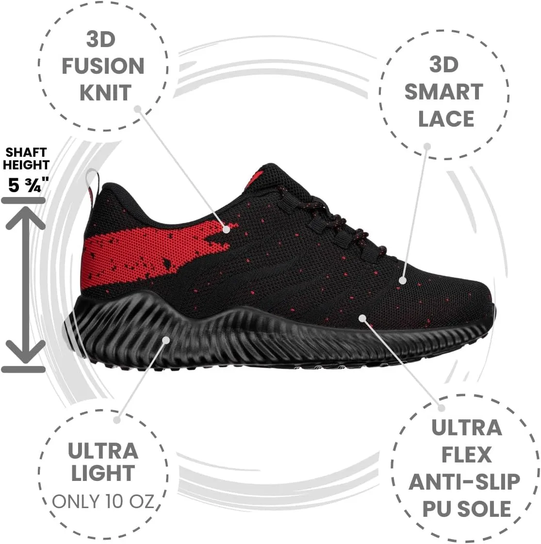 CALTO Men's Invisible Height Increasing Elevator Shoes - Black/Red Ultra Lightweight Sporty Sneakers - 2.8 Inches Taller - Q215 - Size 10 D(M) US