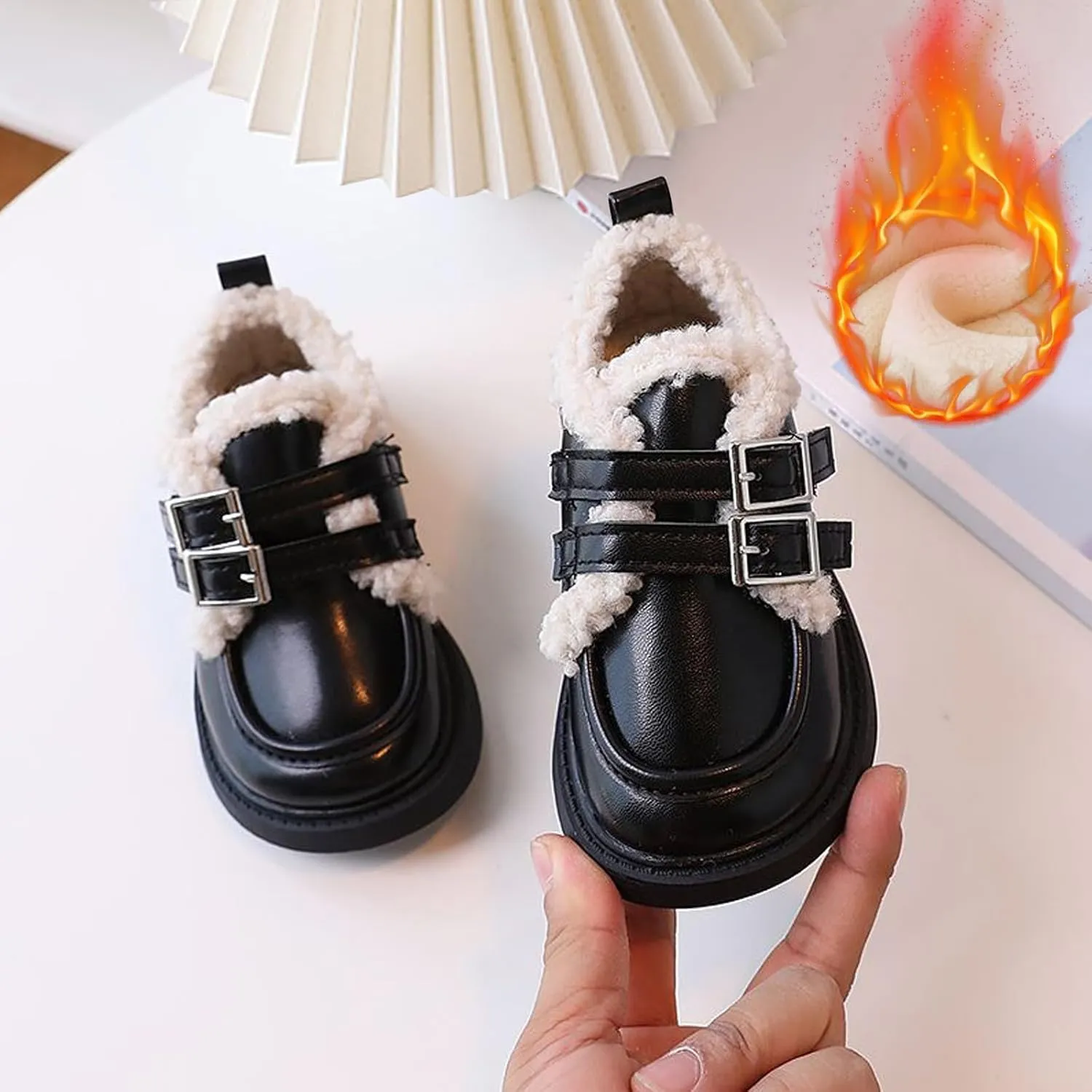 Little/Big Girls Fleece Plush PU Leather 𝗠occasin Loafers Kids Soft Sole Slip-On Outdoor Casual Comfortable Shoes