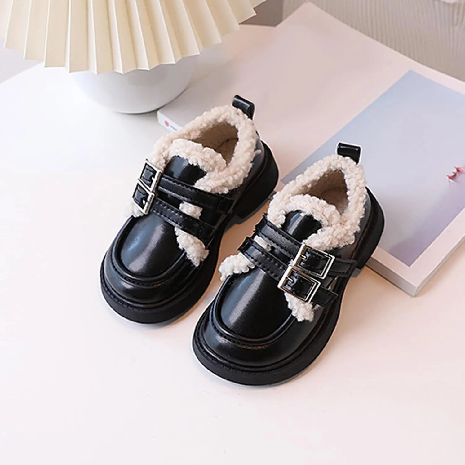 Little/Big Girls Fleece Plush PU Leather 𝗠occasin Loafers Kids Soft Sole Slip-On Outdoor Casual Comfortable Shoes