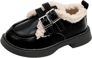 Little/Big Girls Fleece Plush PU Leather 𝗠occasin Loafers Kids Soft Sole Slip-On Outdoor Casual Comfortable Shoes