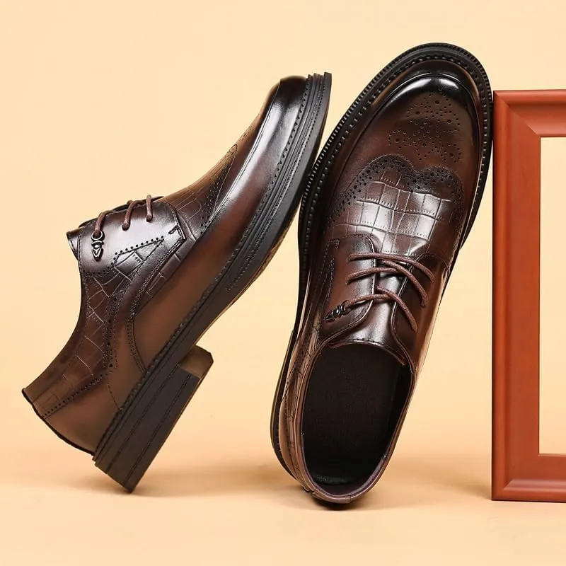 Men's Breathable Leather Wingtip Brogue Oxfords Formal Business Casual Lace Up Punched Leather Oxford