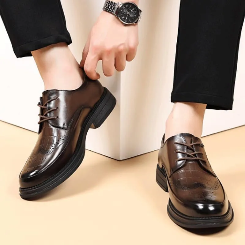 Men's Breathable Leather Wingtip Brogue Oxfords Formal Business Casual Lace Up Punched Leather Oxford