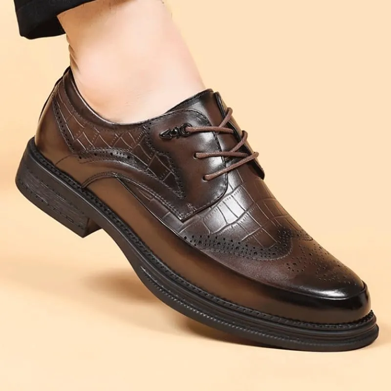 Men's Breathable Leather Wingtip Brogue Oxfords Formal Business Casual Lace Up Punched Leather Oxford