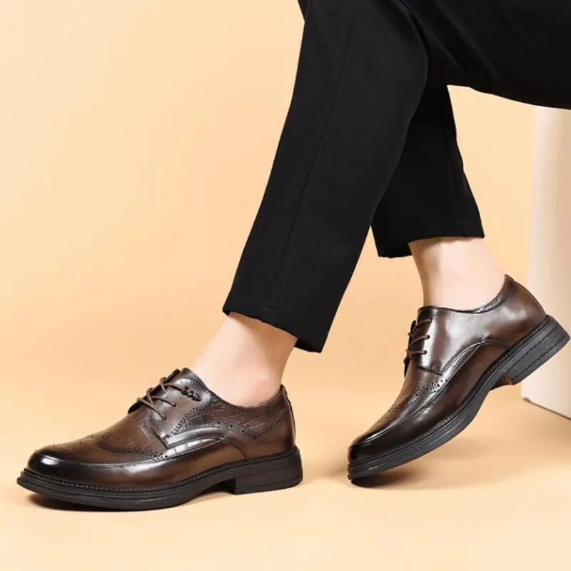 Men's Breathable Leather Wingtip Brogue Oxfords Formal Business Casual Lace Up Punched Leather Oxford