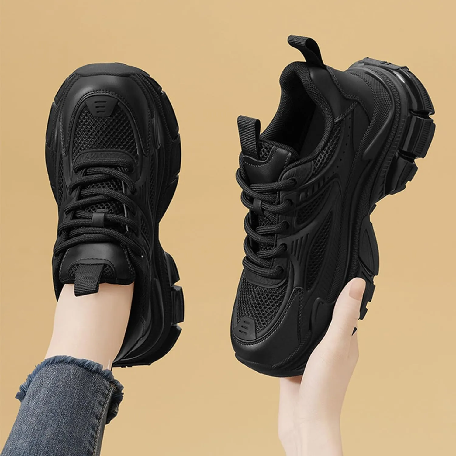 Women's Fashion Sneakers, Casual Trainers with Platform, Breathable Mesh and Stylish Design for Comfortable Sporty Look,Black-39